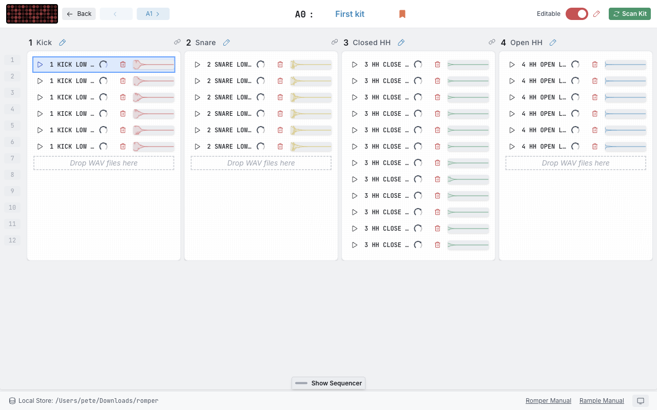 Kit editor view showing 4 voice slots with sample layers